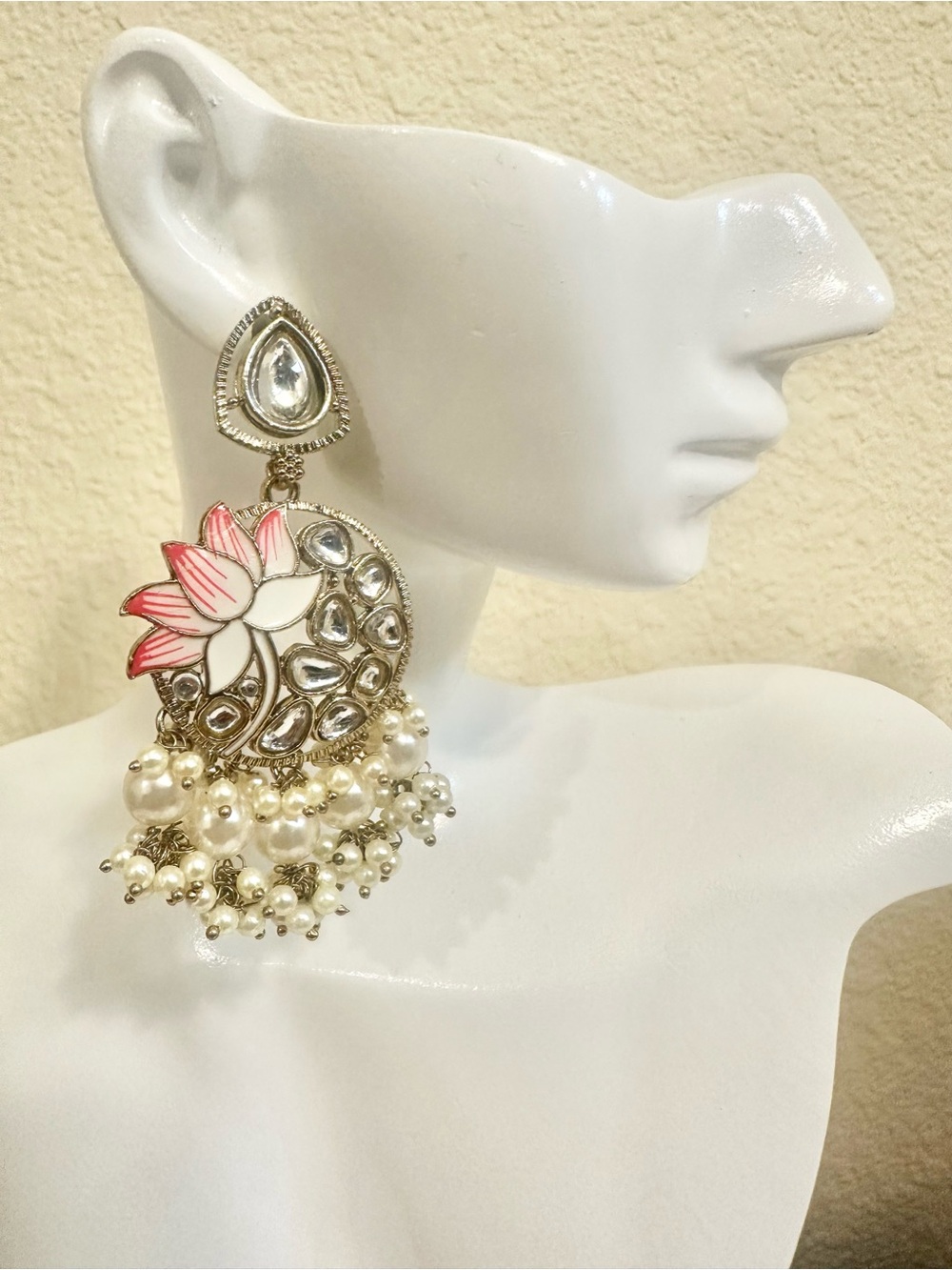Gold-Plated Pearl Chandbali Earrings with Clear Crystals